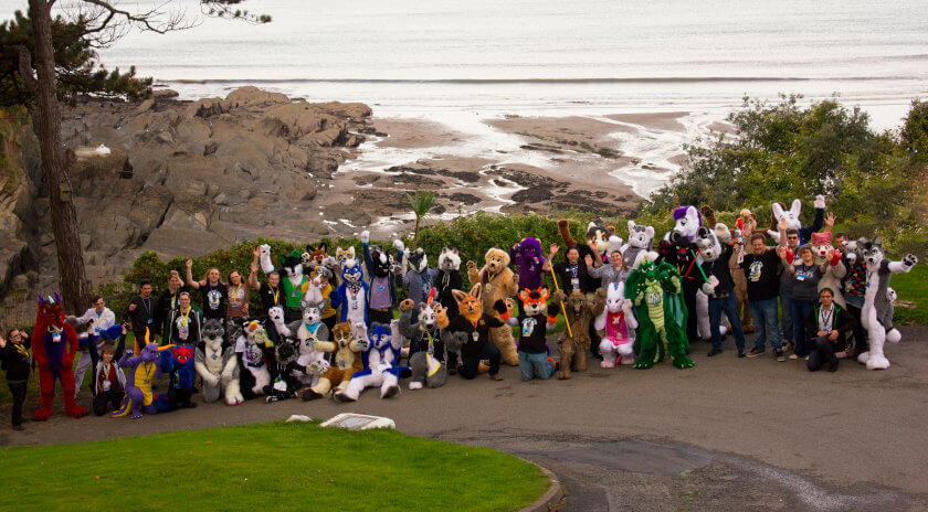 Furcation 2016 group photograph featuring both fursuiters and none with the Combe Martin beach in the background.